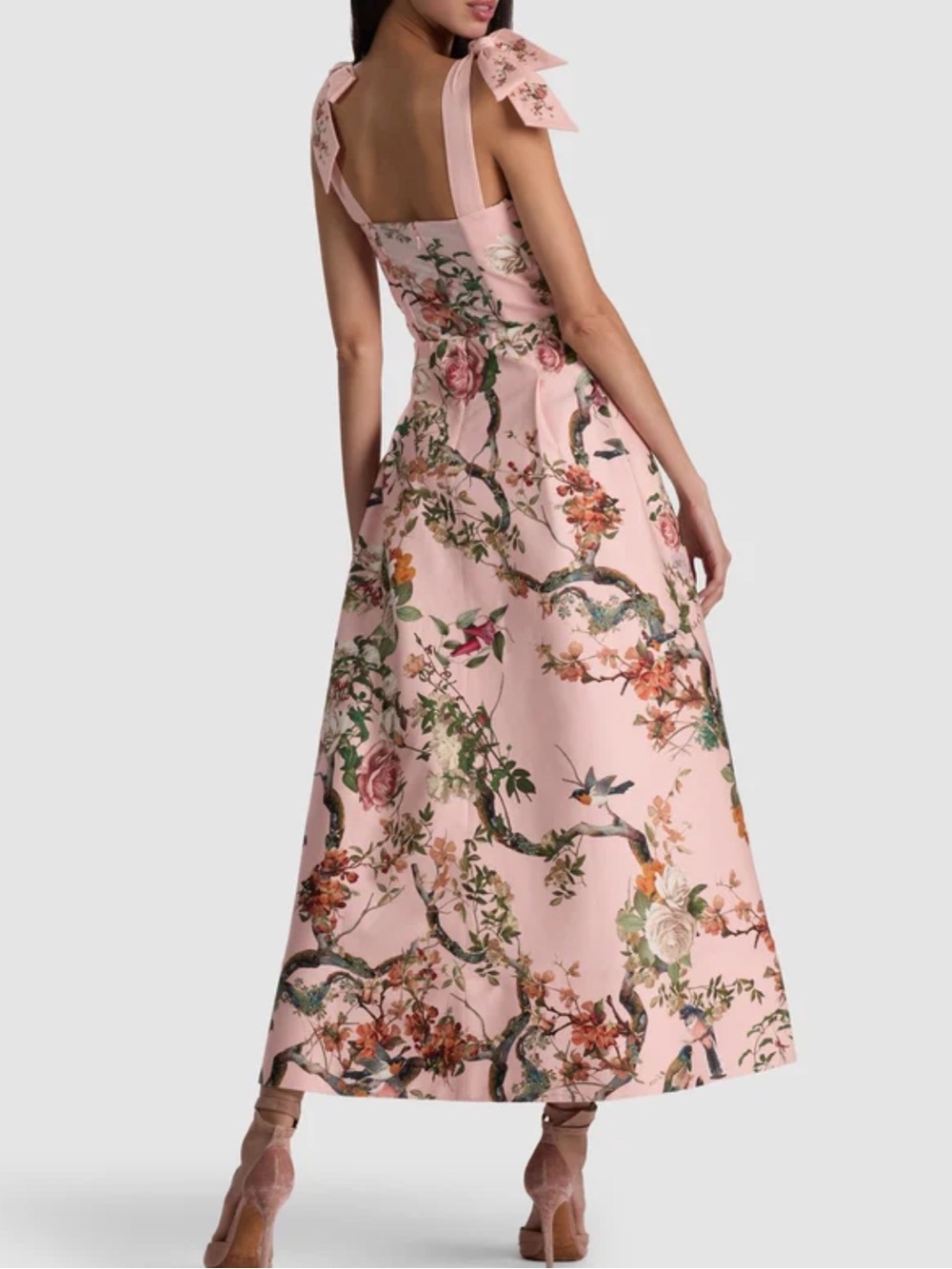 Alice + Olivia Pink Floral Midi Dress with Tie Shoulders - Picture 4 of 13